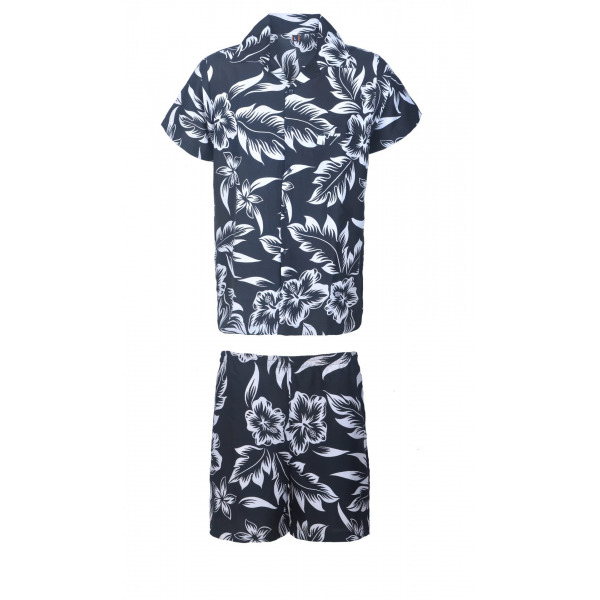 Men's Stag Beach Aloha Party Summer Holiday Hawaiian Fancy Black Floral Shirt And Short Set