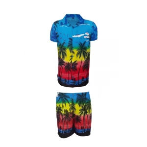 Men's Stag Beach Aloha Party Summer Holiday Hawaiian Fancy Blue Palm Shirt And Short Set