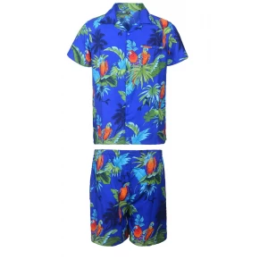 Men's Stag Beach Aloha Party Summer Holiday Hawaiian Fancy Blue Parrot Shirt And Short Set