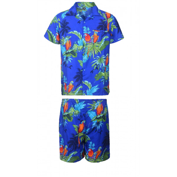 Men's Stag Beach Aloha Party Summer Holiday Hawaiian Fancy Blue Parrot Shirt And Short Set
