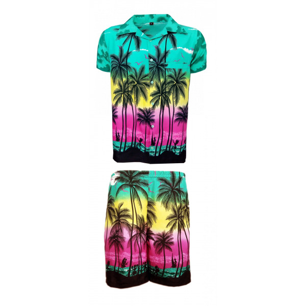 Men's Stag Beach Aloha Party Summer Holiday Hawaiian Fancy Dark Green Palm Shirt And Short Set