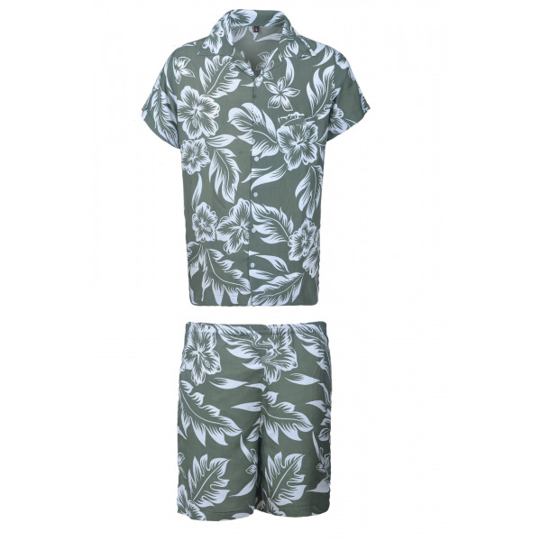 Men's Stag Beach Aloha Party Summer Holiday Hawaiian Fancy Green Floral Shirt And Short Set