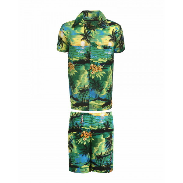 Men's Stag Beach Aloha Party Summer Holiday Hawaiian Fancy Green Beach Palm Shirt And Short Set