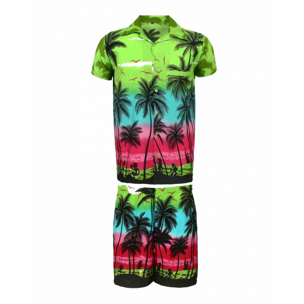 Men's Stag Beach Aloha Party Summer Holiday Hawaiian Fancy Green Palm Shirt And Short Set