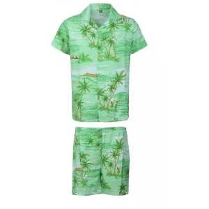 Men's Stag Beach Aloha Party Summer Holiday Hawaiian Fancy Green Red Coco Shirt And Short Set