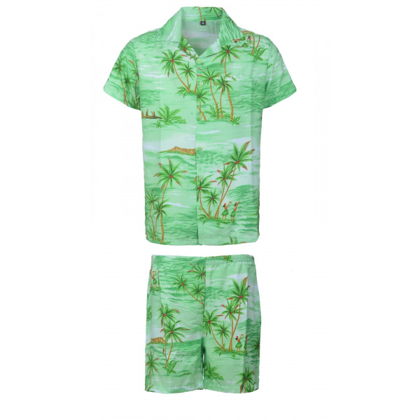 Men's Stag Beach Aloha Party Summer Holiday Hawaiian Fancy Green Red Coco Shirt And Short Set