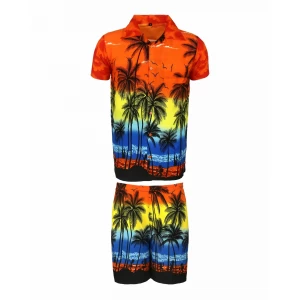 Men's Stag Beach Aloha Party Summer Holiday Hawaiian Fancy Orange Palm Shirt And Short Set