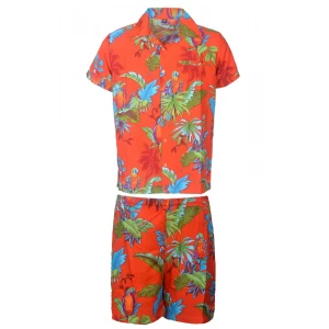 Men's Stag Beach Aloha Party Summer Holiday Hawaiian Fancy Orange Parrot Shirt And Short Set