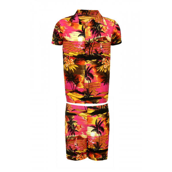 Men's Stag Beach Aloha Party Summer Holiday Hawaiian Fancy Pink Beach Palm Shirt And Short Set