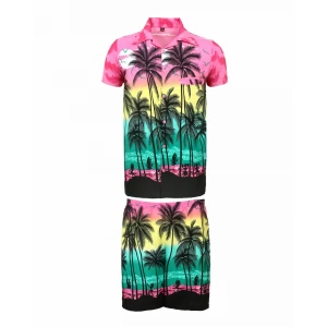 Men's Stag Beach Aloha Party Summer Holiday Hawaiian Fancy Pink Palm Shirt And Short Set