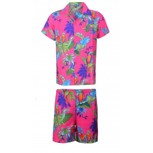 Men's Stag Beach Aloha Party Summer Holiday Hawaiian Fancy Pink Parrot Shirt And Short Set
