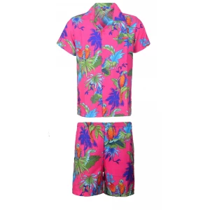 Men's Stag Beach Aloha Party Summer Holiday Hawaiian Fancy Pink Parrot Shirt And Short Set