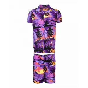Men's Stag Beach Aloha Party Summer Holiday Hawaiian Fancy Purple Beach Palm Shirt And Short Set