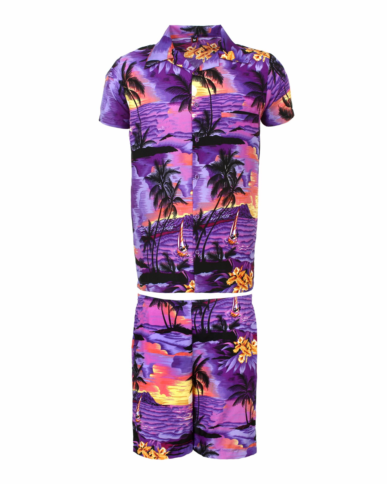 Men's Stag Beach Aloha Party Summer Holiday Hawaiian Fancy Purple Beach Palm Shirt And Short Set