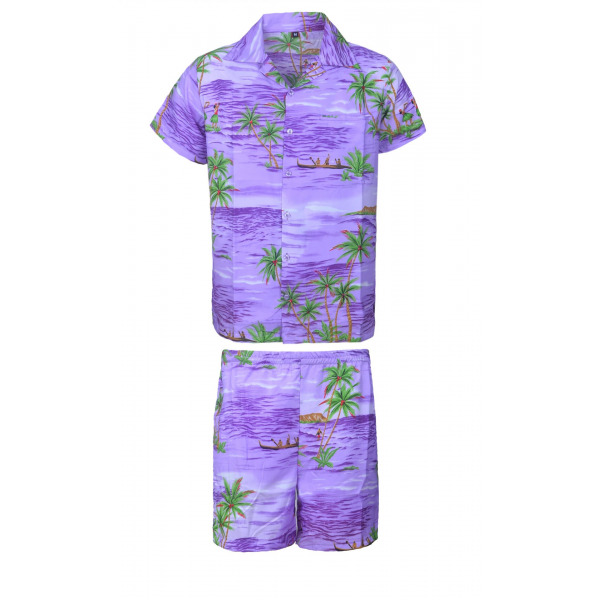 Men's Stag Beach Aloha Party Summer Holiday Hawaiian Fancy Purple Red Coco Shirt And Short Set