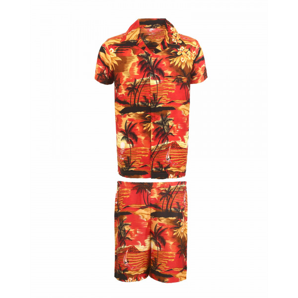 Men's Stag Beach Aloha Party Summer Holiday Hawaiian Fancy Red Beach Palm Shirt And Short Set