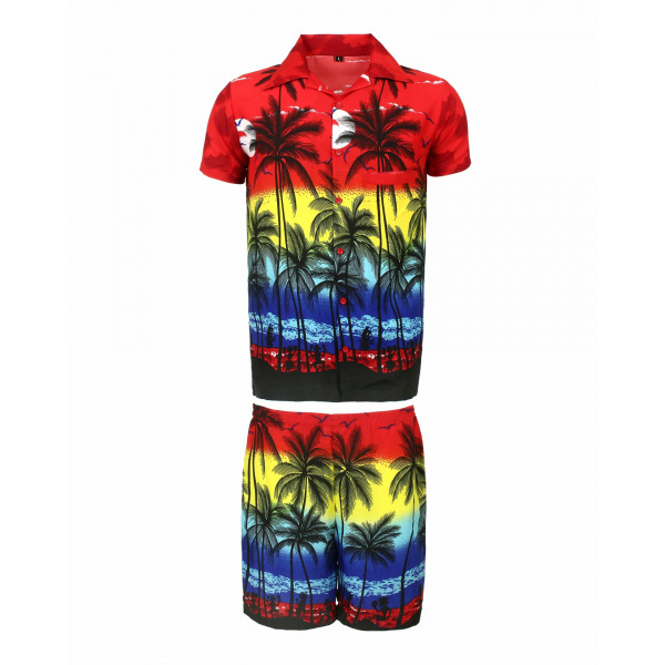 Men's Stag Beach Aloha Party Summer Holiday Hawaiian Fancy Red Palm Shirt And Short Set
