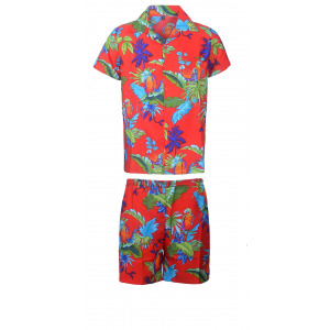 Men's Stag Beach Aloha Party Summer Holiday Hawaiian Fancy Red Parrot Shirt And Short Set