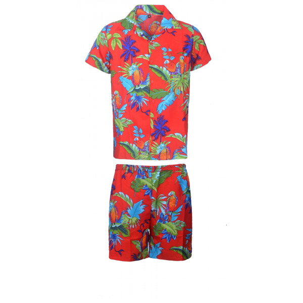 Men's Stag Beach Aloha Party Summer Holiday Hawaiian Fancy Red Parrot Shirt And Short Set