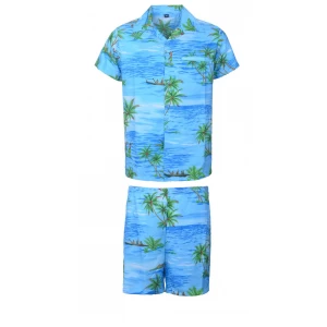 Men's Stag Beach Aloha Party Summer Holiday Hawaiian Fancy Sky Blue Red Coco Shirt And Short Set
