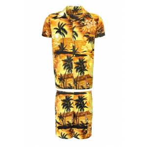 Men's Stag Beach Aloha Party Summer Holiday Hawaiian Fancy Yellow Beach Palm Shirt And Short Set