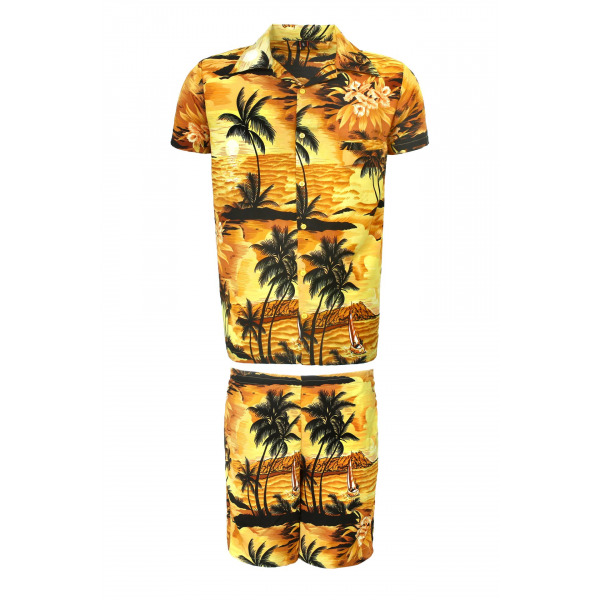 Men's Stag Beach Aloha Party Summer Holiday Hawaiian Fancy Yellow Beach Palm Shirt And Short Set