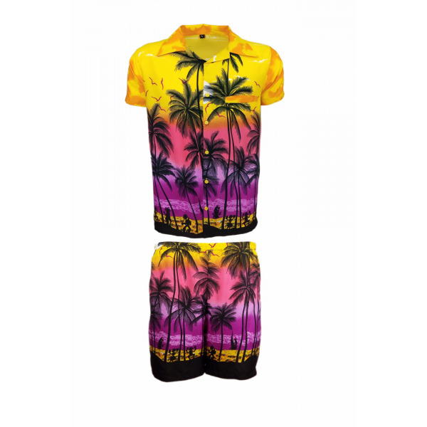 Men's Stag Beach Aloha Party Summer Holiday Hawaiian Fancy Yellow Palm Shirt And Short Set