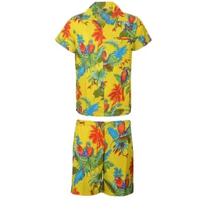 Men's Stag Beach Aloha Party Summer Holiday Hawaiian Fancy Yellow Parrot Shirt And Short Set