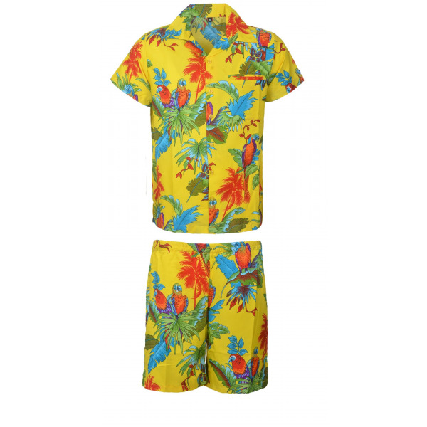 Men's Stag Beach Aloha Party Summer Holiday Hawaiian Fancy Yellow Parrot Shirt And Short Set