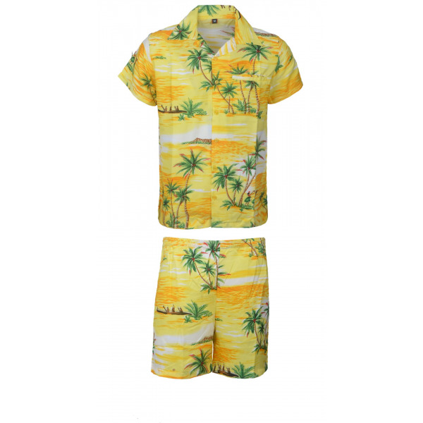 Men's Stag Beach Aloha Party Summer Holiday Hawaiian Fancy Yellow Red Coco Shirt And Short Set