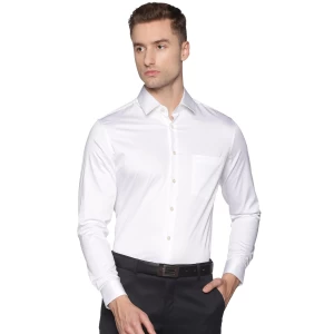 ALDENO Men's Solid White Satin Stretch Slim Fit Formal Shirt