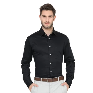 ALDENO Men's Solid Black Satin Stretch Slim Fit Formal Shirt